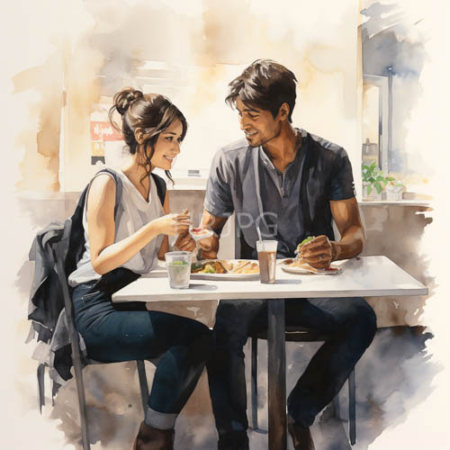 young couple shares quiet joy in intimate watercolorstyle caf setting