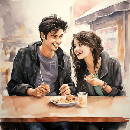 whimsical watercolor washes detail burgers and drinks on cafe tables