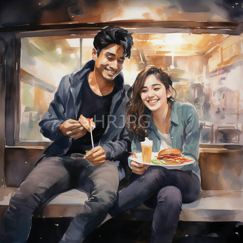 nighttime food stalls in city under glowing neon lights with asian couple sharing burgers