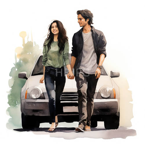 couple in front of classic car with round headlights and open blue shirt