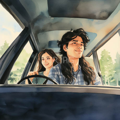 couple in blue plaid shirts on a sunny day in a vintage automobile
