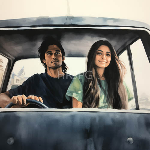 indian couple enjoying medium brown skin tones in classic car interior under filtered sunlight