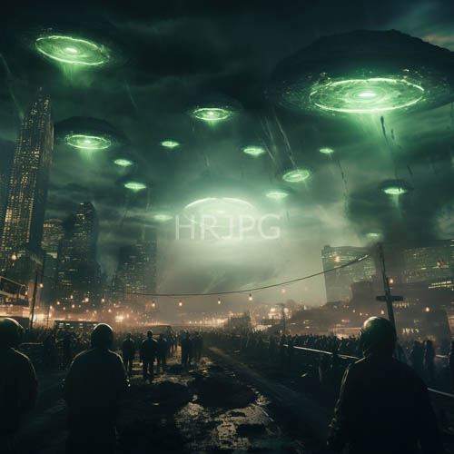 glowing green ufo craft hover above foggy skyscraper rooftops