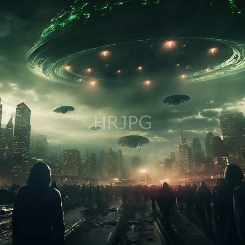 apocalyptic cityscape unfolds amidst futuristic ufos and shattered skies
