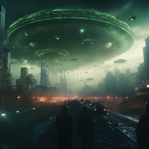 dense urban fog surrounds tall skyscrapers beneath green ufo craft