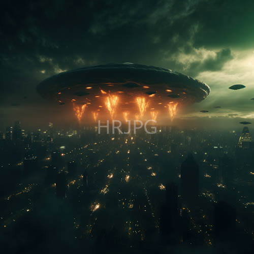 alien mothership dominates cityscape with fiery orange lights