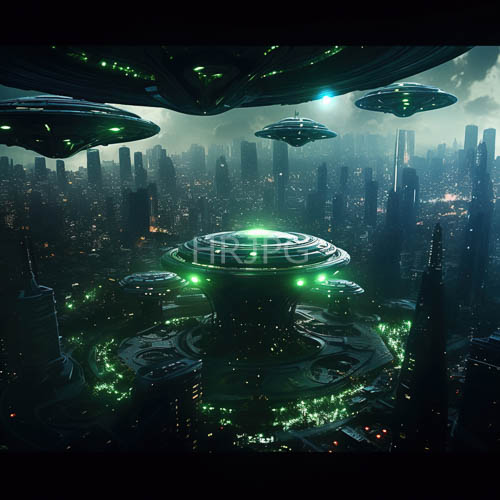 green beam lights illuminate tall skyscraper walls and hovering craft