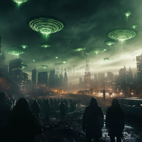 High Resolution: Hovering UFO craft cast green light over foggy riverfront buildings download. | HRJPG.com