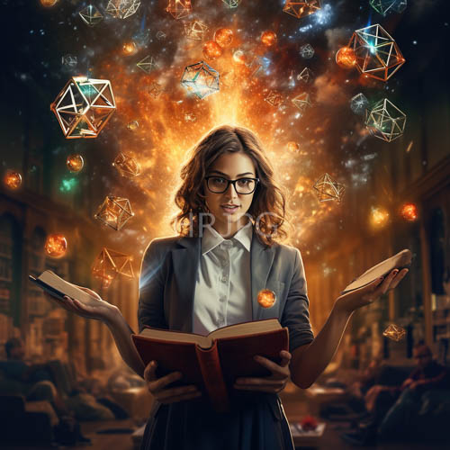 ethereal orbs dance above young scholar in intellectual library sanctum of ancient tomes and knowledge