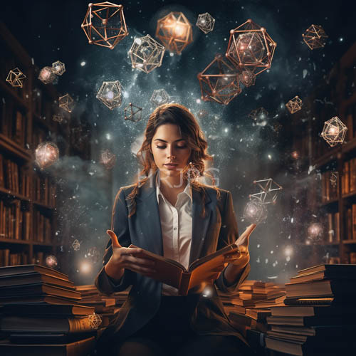 young woman explores cosmic scholarship in a starry void with geometric crystal orbs
