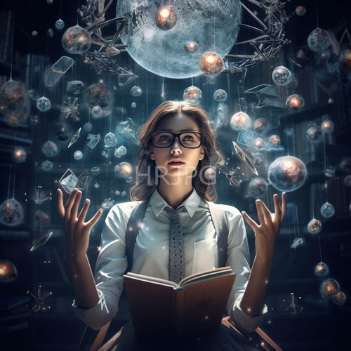 High Resolution: Young woman surrounded by floating transparent bubbles and silvery moonlight in a simple dark library download. | HRJPG.com