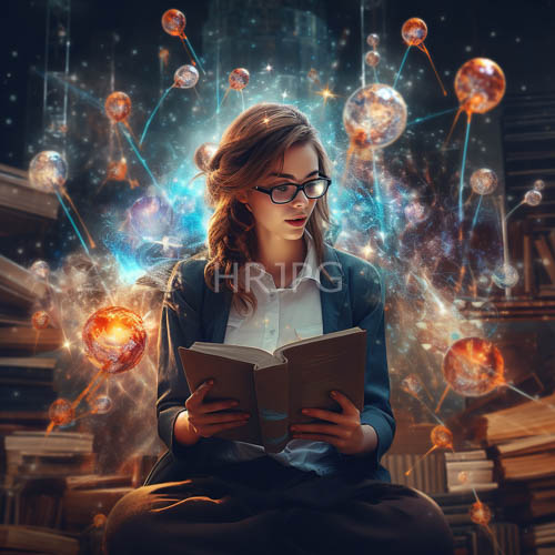 cosmic background fills study with wavy brown hair and glasses for intellectual adventure