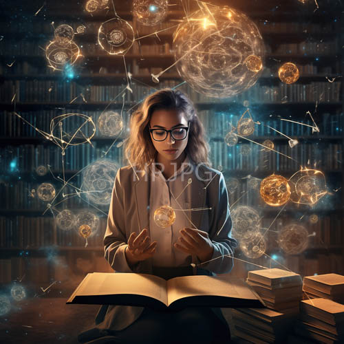 gray lab coats over white shirts stand out near library shelves
