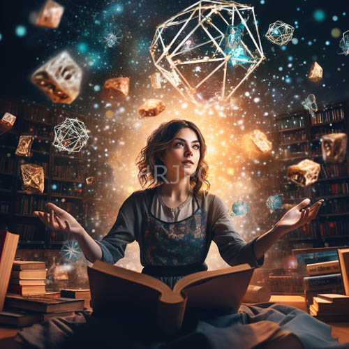 cosmic guardian of ancient tomes amidst celestial light reflected off crystal spheres