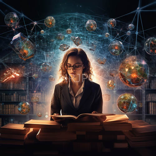 women with curly brown hair sit at a wooden table in a library surrounded by glowing orbs and analyzing a complex text