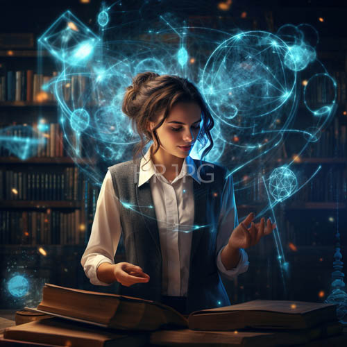 young woman casts blue magical light amidst ancient tomes in dimly lit library setting