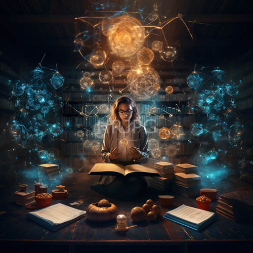 High Resolution: Glowing floating orbs and hexagonal shapes illuminate dark wooden library shelves download. | HRJPG.com