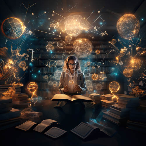 complex geometric patterns orbit asian woman in study with glowing shapes and book