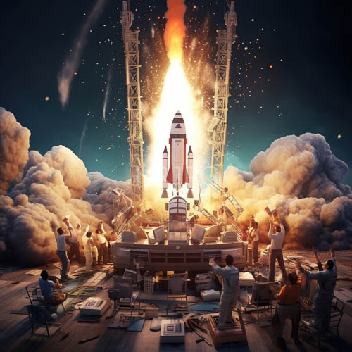 frenetic rocket launch scenes unfold under starry night skies amidst industrial metal towers