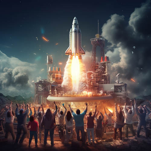 spacecraft launch at night illuminates diverse crowds collective awe on rustcolored launchpad