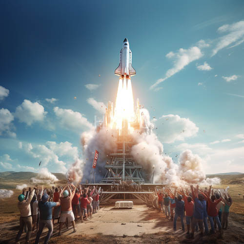 rocket launch illuminates the clear blue daytime sky with vibrant flames and smoke
