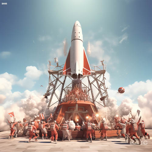 nine people in red and white space suits converge around a towering rocket on its pad amidst billowing smoke clouds and clear blue skies