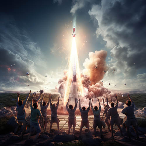 High Resolution: Communal Hope Ascends Amidst Rocket Launch on Twilight Grasslands download. | HRJPG.com
