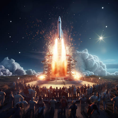rocket ascends through starry night sky amid billowing clouds of orange flames and exhaust