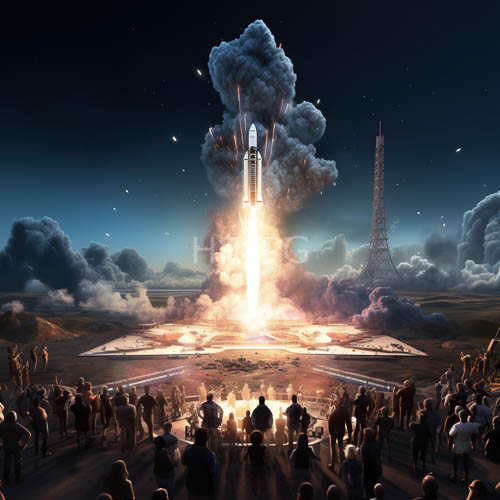 observation areas at night surround an illuminated runway providing a perfect view of an intense rocket launch