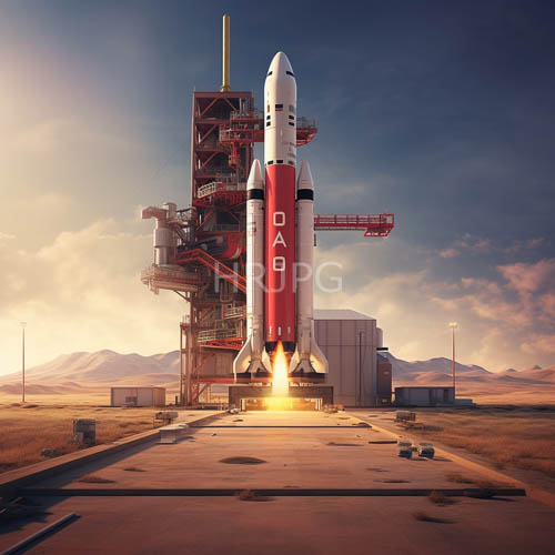 nasa rockets blaze across desert launchpad against orange sunset mountains