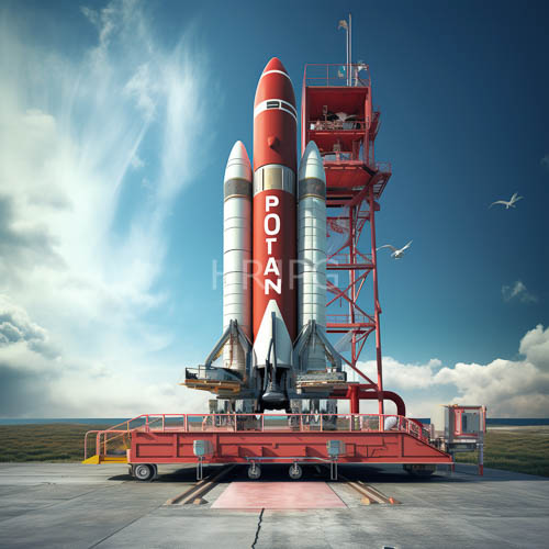 red and white rockets sit on orange launch pad in clear day with distant green landscape and blue sky