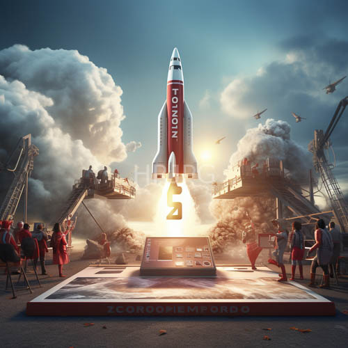 olympie rocket launch on zcorp platform at sunset with anticipatory crowd