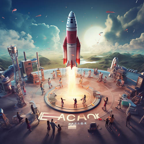 rocket ascends amidst redandwhite crowd in casual attire under scattered clouds at launch site
