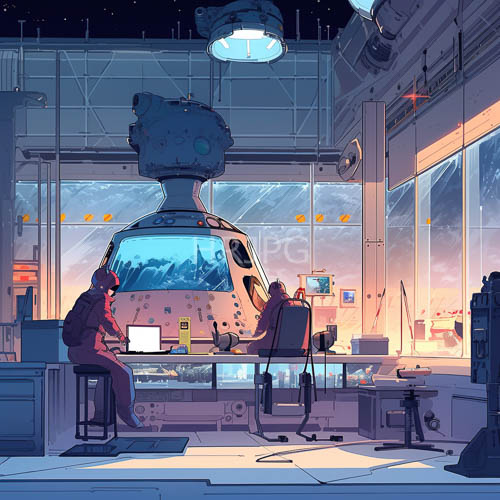 red jumpsuit uniforms stand beneath a glass dome revealing starry space