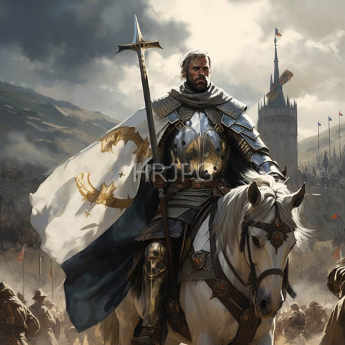 foggy battlefield mist swirls around silver steel armor and white horses