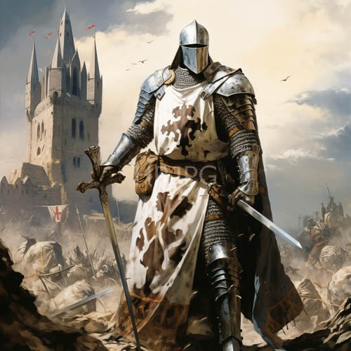scattered fallen soldier gear litters rocky soil around a standing knight