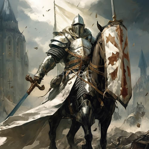 gothic castle towers rise behind a knight charging across muddy fields