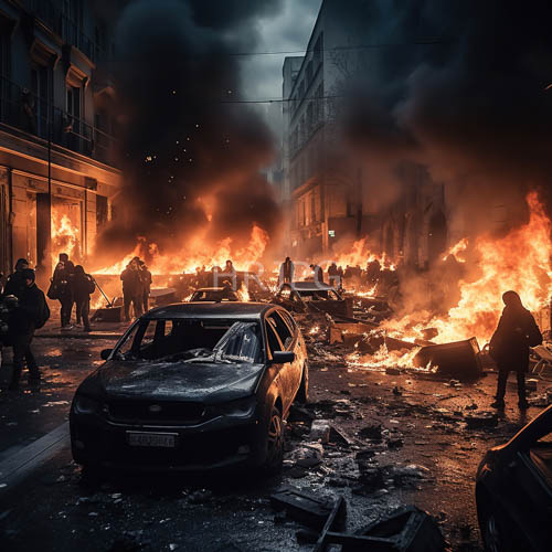 smoldering urban debris burns near discarded tactical gear and asphalt cracks