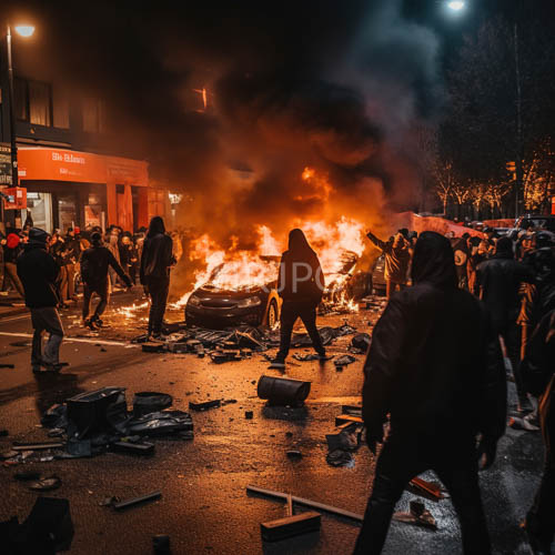 molten orange flames erupt along torn asphalt streets during urban chaos