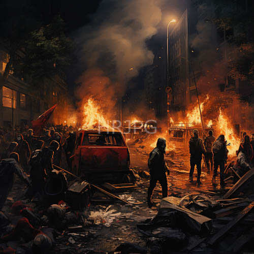 High Resolution: Harsh floodlights cut through thick smoke plumes along night riot streets download. | HRJPG.com