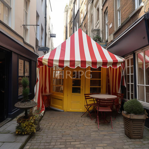 yellow wooden doors open onto narrow cobblestone alleys under striped awnings