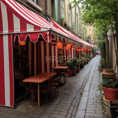 warm orange lantern glows illuminate cobblestone alleyways near striped cafe canopies