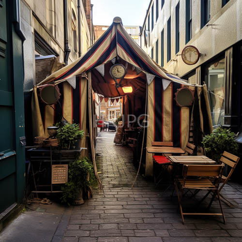 cobblestone pathways lead past striped canvas canopies into european cafe entrances