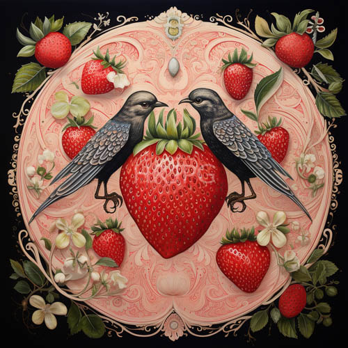 High Resolution: Feathers and Fresh Fruits in Ornate Circular Composition with Contrasting Colors and Textures download. | HRJPG.com