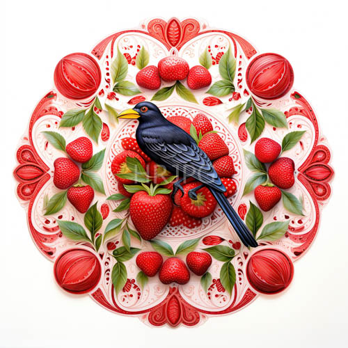 strawberry tulip plate with central blackbird and delicate lace patterns