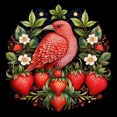 intricately detailed red bird amidst vibrant strawberries and whimsical greenery