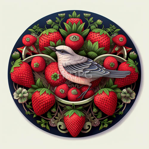 High Resolution: Floral Composition of Pink and Gray Bird with Red Berries Against Dark Blue download. | HRJPG.com