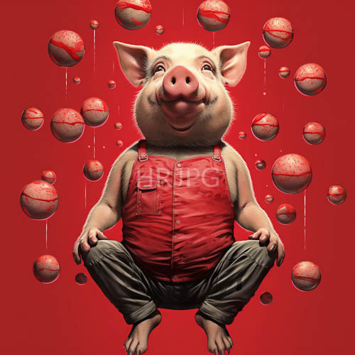 anthropomorphic pigs adorned in whimsical green pants squat amidst vibrant red background of baseballs