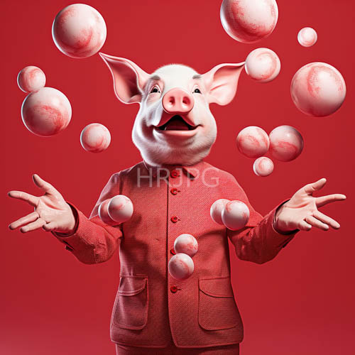 translucent spheres cluster around pink pig skin on dark red