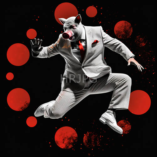 bright red suits stretch midair against solid black backdrops